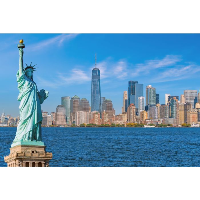 The Statue of Liberty with Manhattan city skyline background, Landmarks of New York City, USA - ID # 1634839360