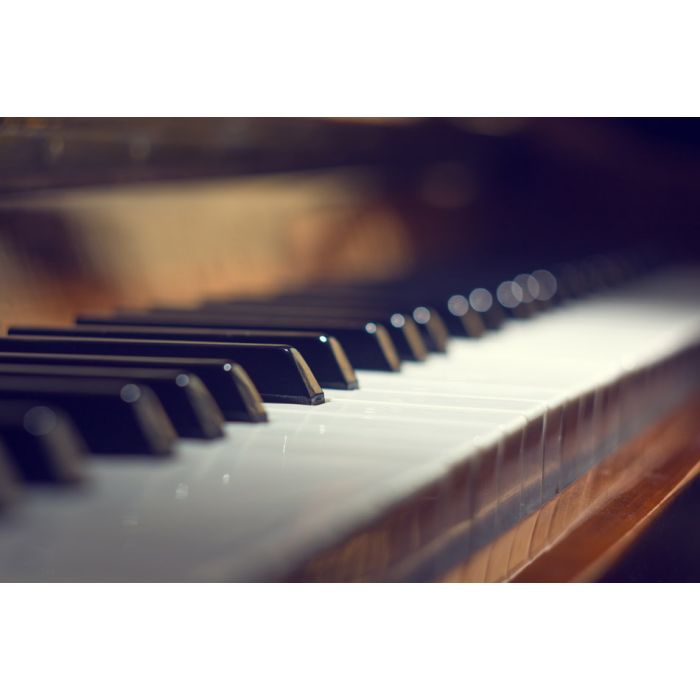 Piano keyboard background with selective focus Warm colors - ID # 236067421