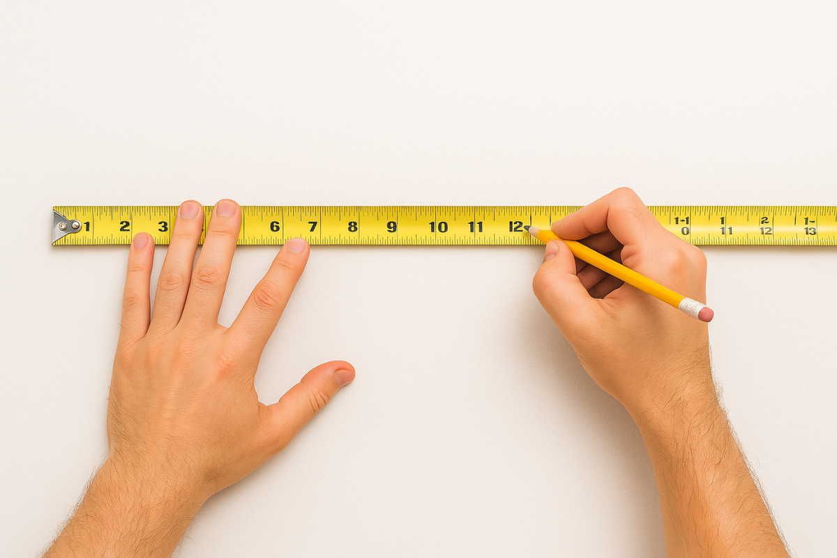 Step 1: Measuring and marking wall space for acoustic panel installation Hands measuring and marking a wall to install an acoustic panel