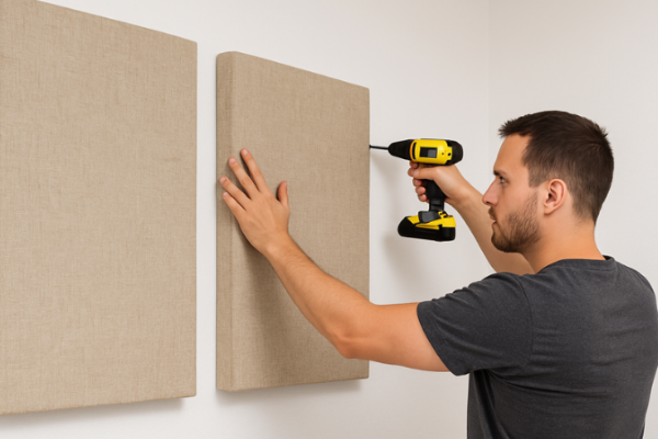 How to Install Acoustic Panels – Step-by-Step Visual Guide. Man installing beige acoustic panels using a drill on a white wall.