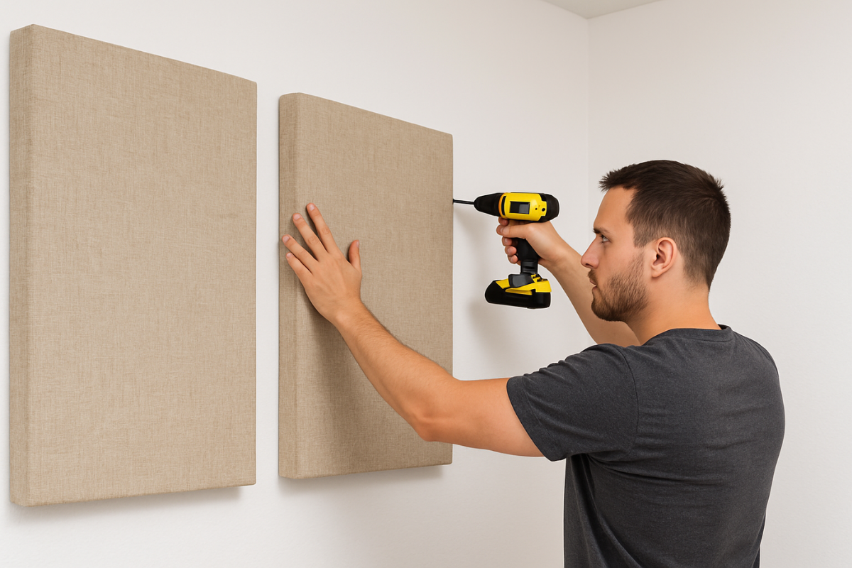 How to Install Acoustic Panels – Step-by-Step Visual Guide. Man installing beige acoustic panels using a drill on a white wall.