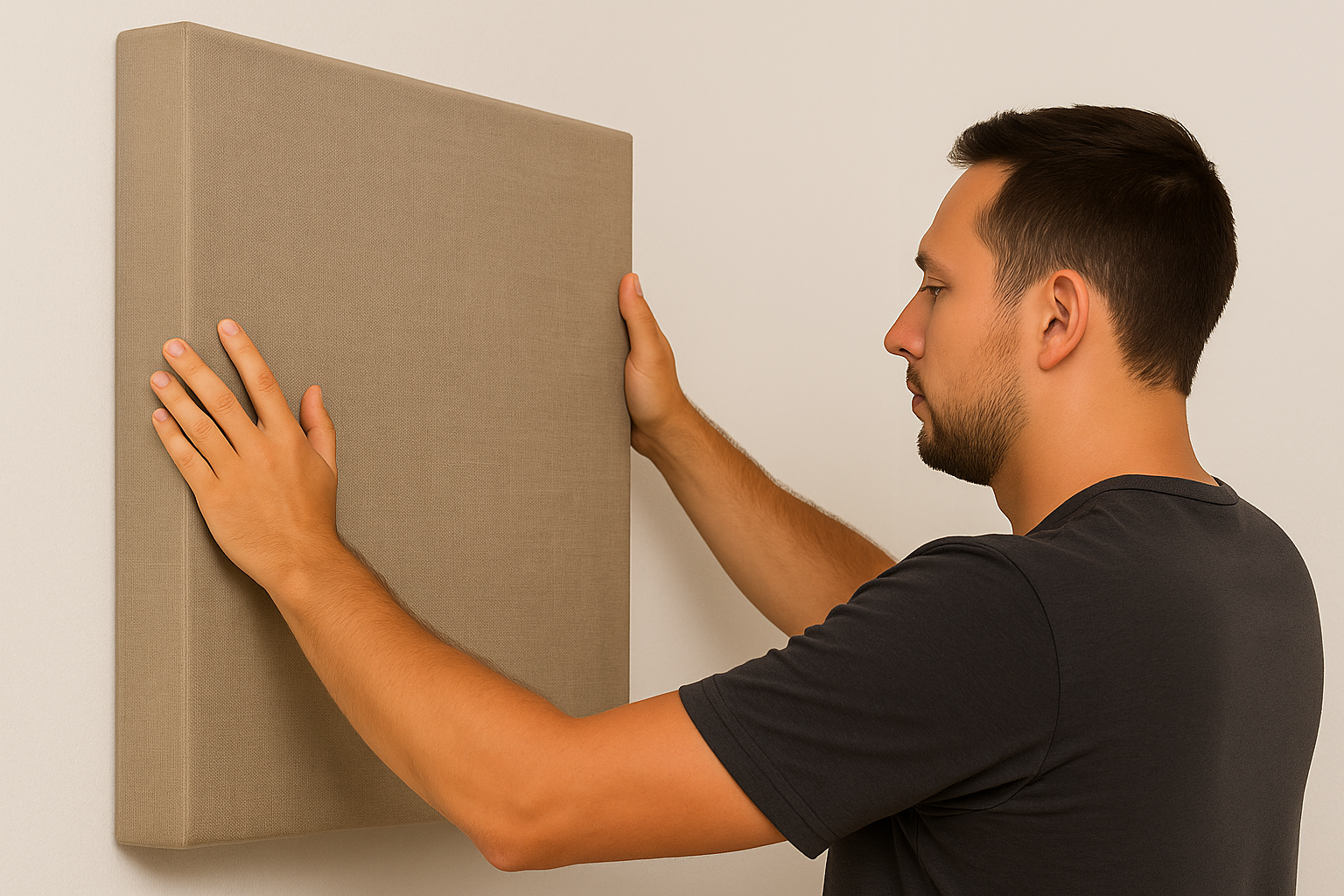 Acoustic panel installation with Z-bar Man mounting acoustic panel with Z-bar bracket
