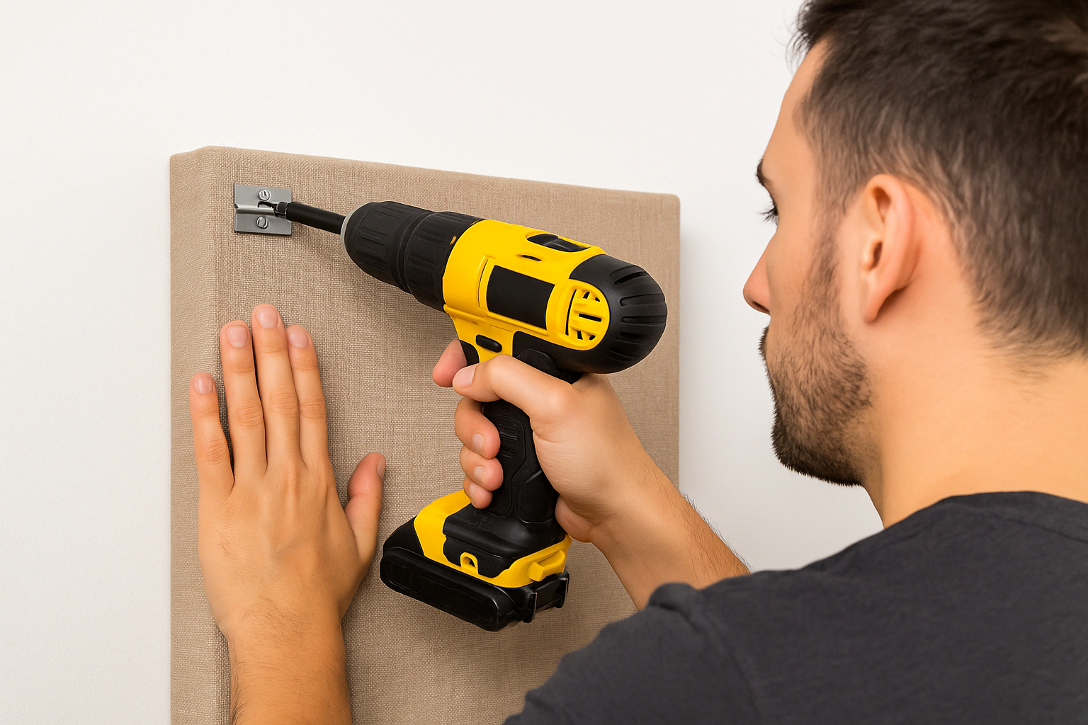 Installing Z-Clip on acoustic panel for wall mounting Man attaching Z-Clip bracket to the back corner of a fabric-wrapped acoustic panel.
