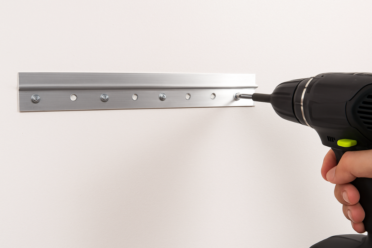 Installing Z-Bar for mounting acoustic panels on drywall. Hands installing mounting hardware on a wall for acoustic panels.