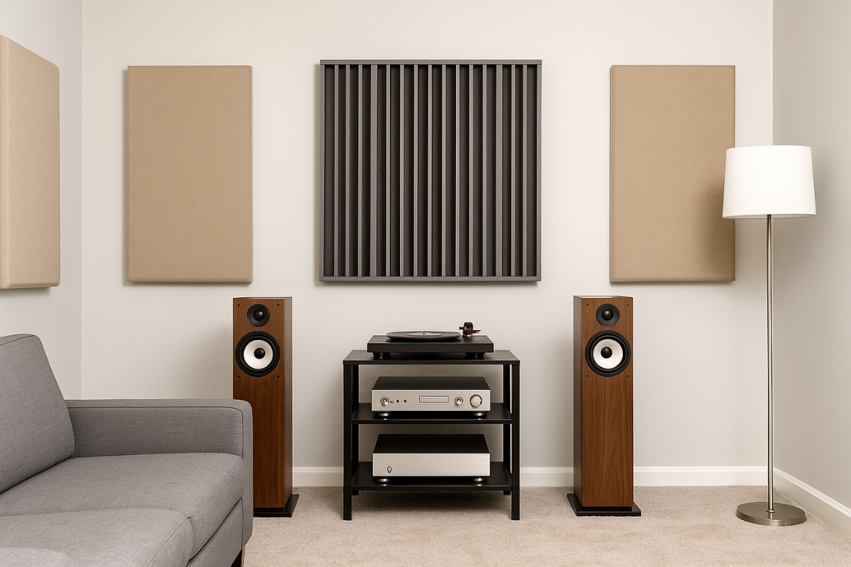 Modern Room Treated with Acoustic Panels A modern listening room with professionally installed acoustic panels and wooden floor-standing speakers